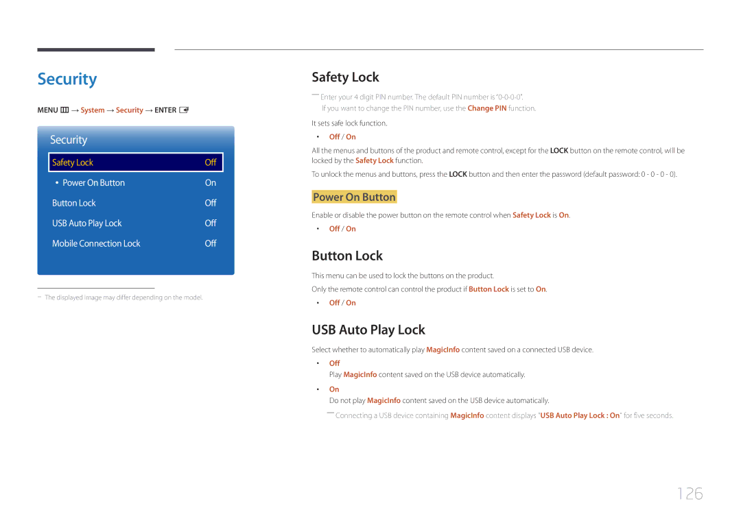 Samsung LH48RHEELGW/EN, LH55RHEELGW/EN, LH55RHEELGW/XE manual Security, 126, Safety Lock, Button Lock, USB Auto Play Lock 