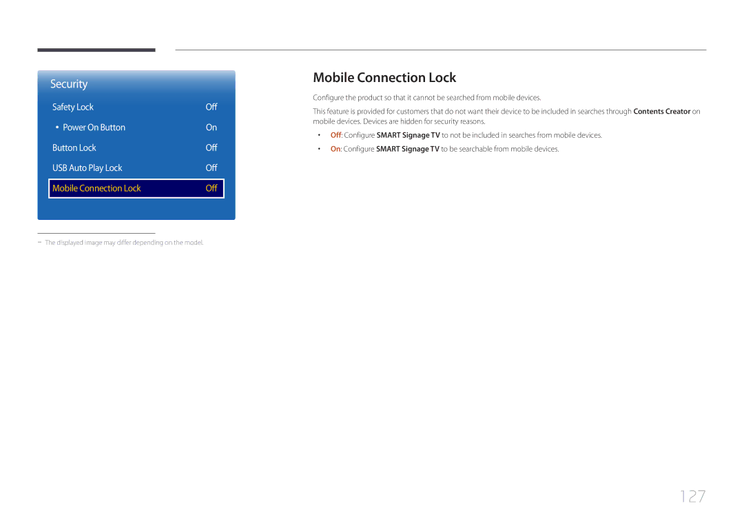 Samsung LH55RHEELGW/EN, LH48RHEELGW/EN, LH55RHEELGW/XE manual 127, Mobile Connection Lock 