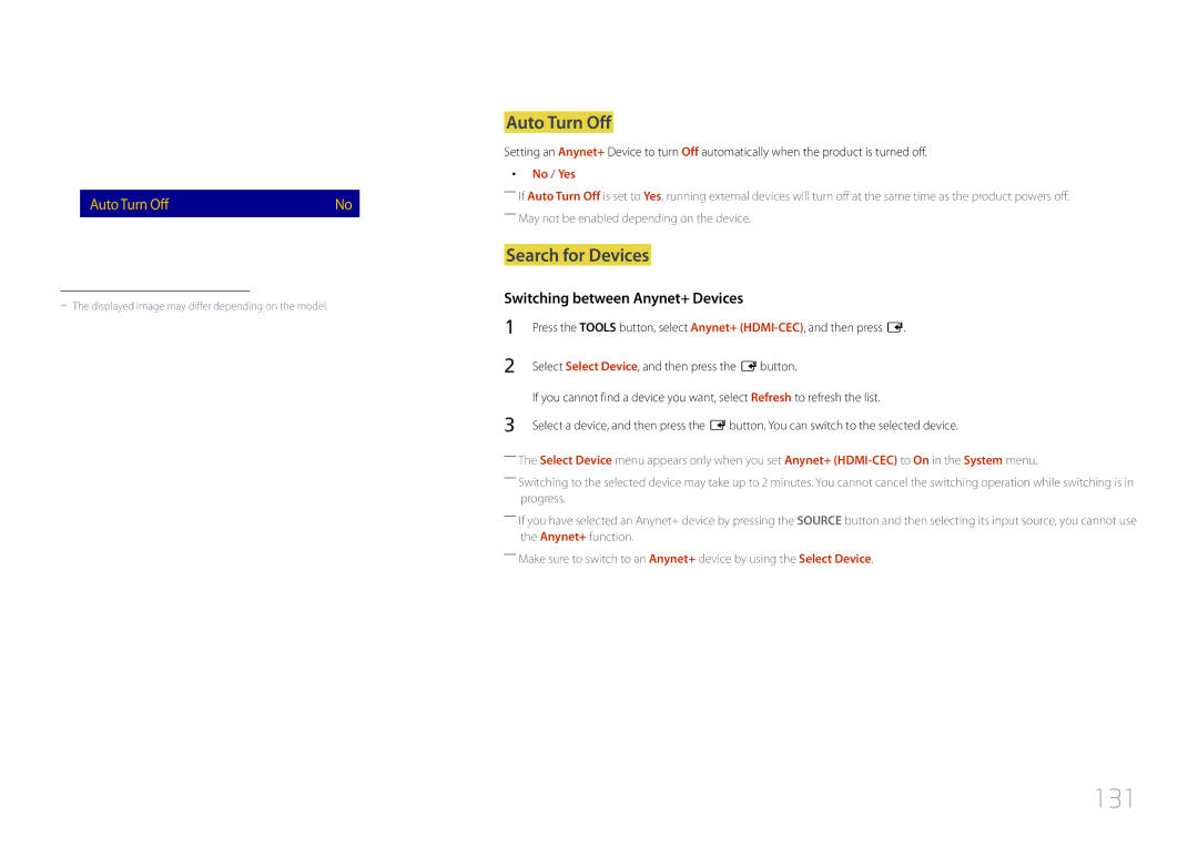 Samsung LH55RHEELGW/XE manual 131, Anynet+ HDMI-CEC, Auto Turn Off, Search for Devices, Switching between Anynet+ Devices 