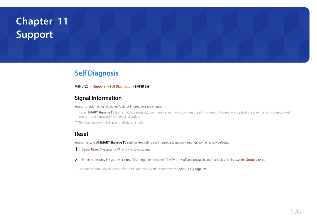 Samsung LH55RHEELGW/EN, LH48RHEELGW/EN, LH55RHEELGW/XE manual Support, Self Diagnosis, 136, Signal Information, Reset 