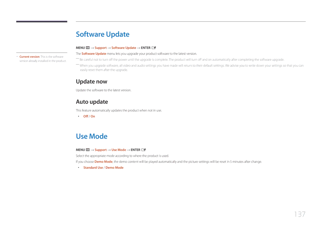 Samsung LH55RHEELGW/XE, LH48RHEELGW/EN, LH55RHEELGW/EN manual Software Update, Use Mode, 137, Update now, Auto update 