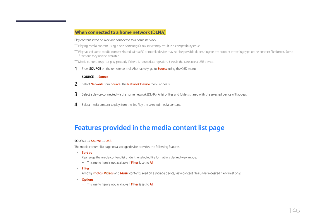 Samsung LH55RHEELGW/XE manual Features provided in the media content list, 146, When connected to a home network Dlna 