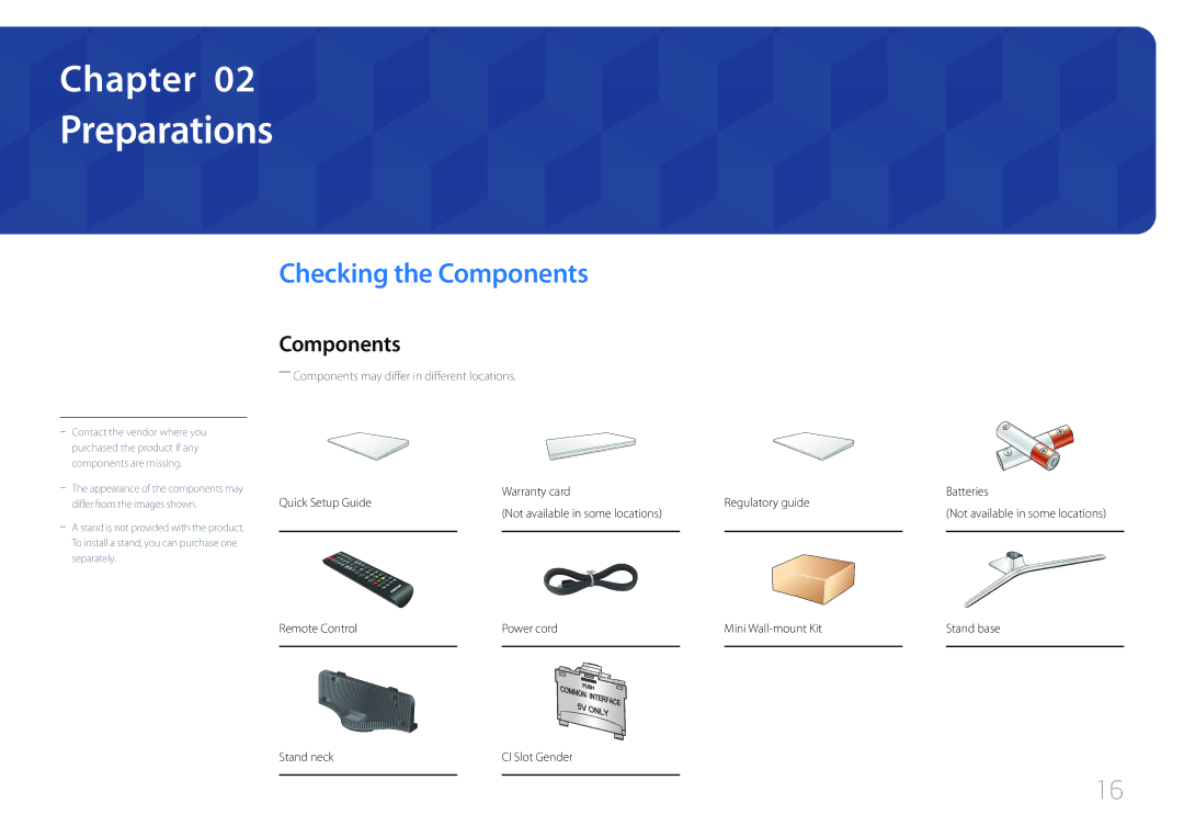 Samsung LH55RHEELGW/EN Preparations, Checking the Components, Warranty card Batteries Quick Setup Guide Regulatory guide 