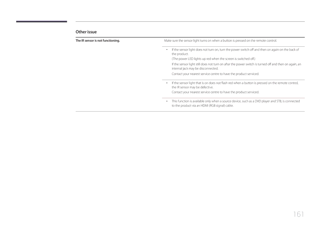Samsung LH55RHEELGW/XE, LH48RHEELGW/EN, LH55RHEELGW/EN manual 161, IR sensor is not functioning 