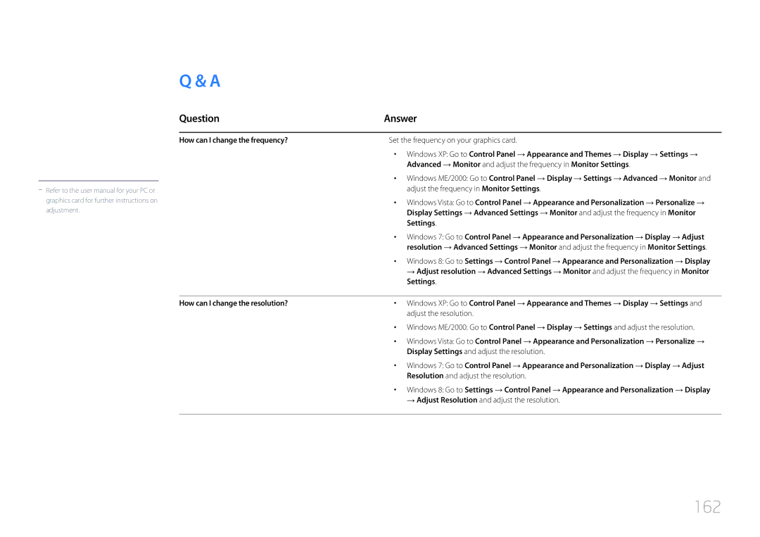 Samsung LH48RHEELGW/EN 162, Question Answer, How can I change the frequency?, Settings, How can I change the resolution? 