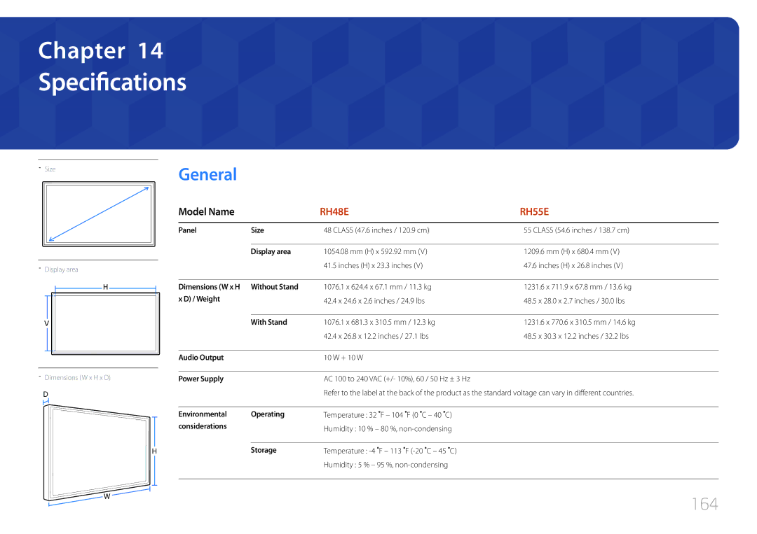 Samsung LH55RHEELGW/XE, LH48RHEELGW/EN, LH55RHEELGW/EN manual Specifications, 164 