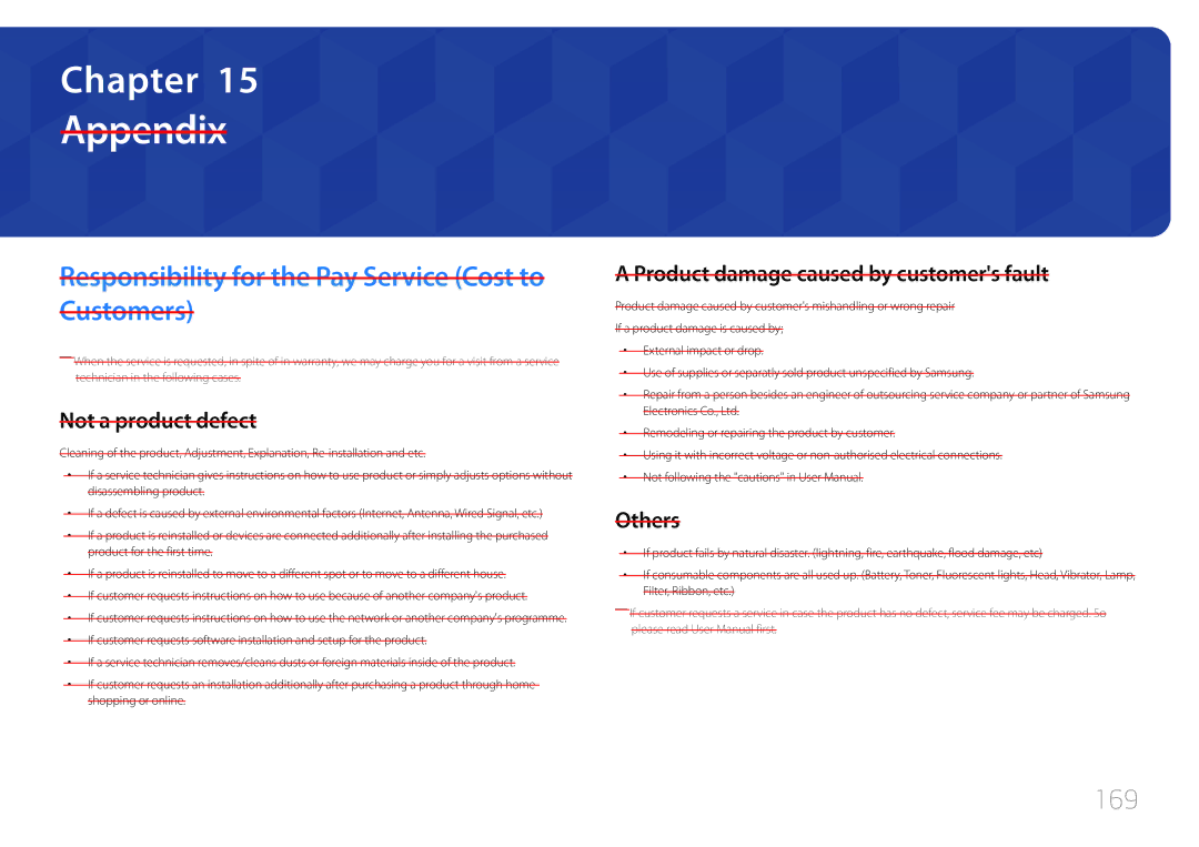 Samsung LH55RHEELGW/EN, LH48RHEELGW/EN, LH55RHEELGW/XE Appendix, Responsibility for the Pay Service Cost to Customers, 169 