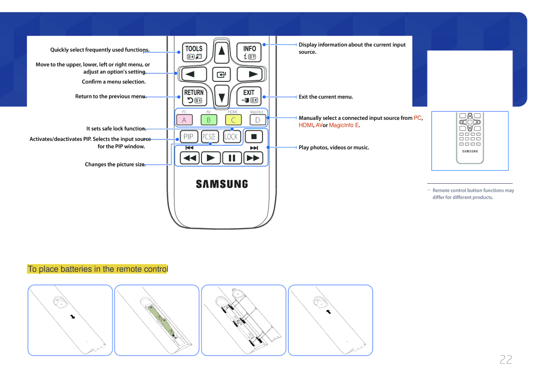 Samsung LH55RHEELGW/EN, LH48RHEELGW/EN, LH55RHEELGW/XE manual Pip, To place batteries in the remote control 