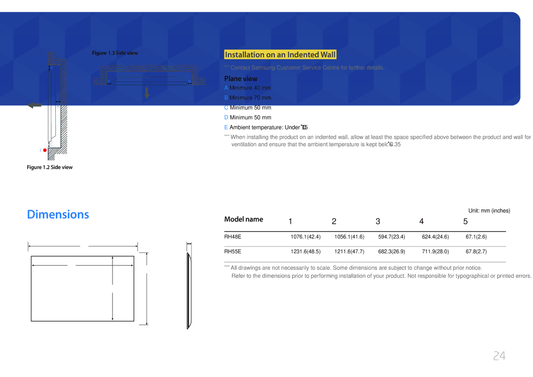 Samsung LH48RHEELGW/EN manual Dimensions, Installation on an Indented Wall, Plane view, Model name, Unit mm inches 