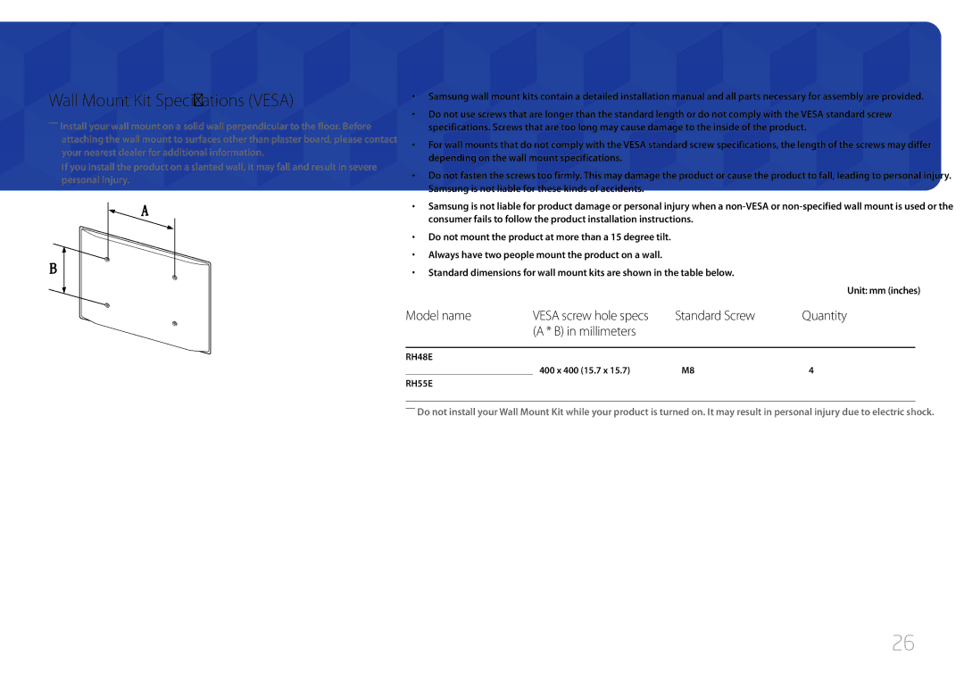 Samsung LH55RHEELGW/XE Wall Mount Kit Specifications Vesa, Standard Screw Quantity Millimeters, Vesa screw hole specs 