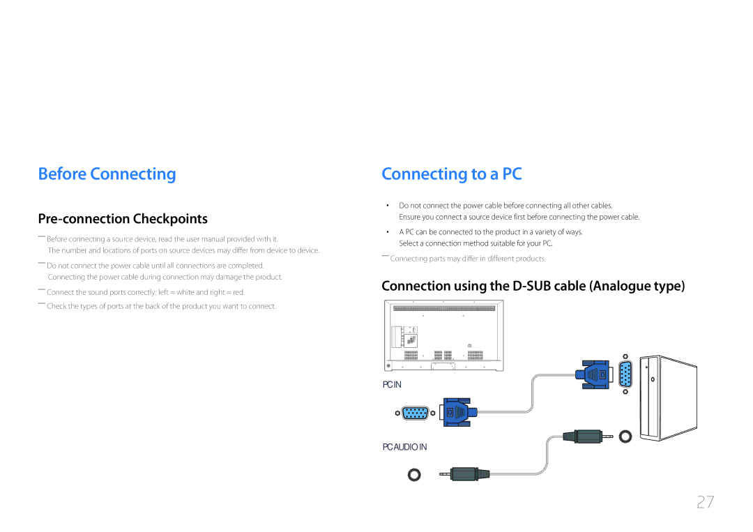 Samsung LH48RHEELGW/EN, LH55RHEELGW/EN manual Connecting and Using a Source Device, Before Connecting, Connecting to a PC 