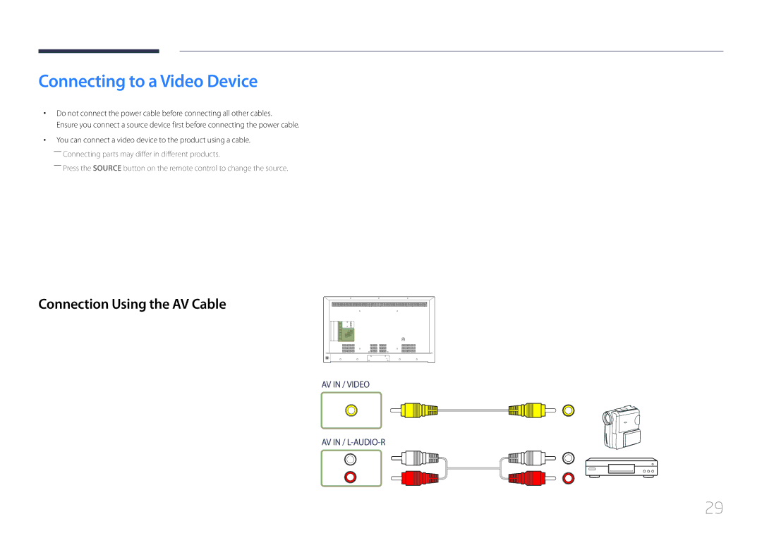 Samsung LH55RHEELGW/XE, LH48RHEELGW/EN, LH55RHEELGW/EN manual Connecting to a Video Device, Connection Using the AV Cable 