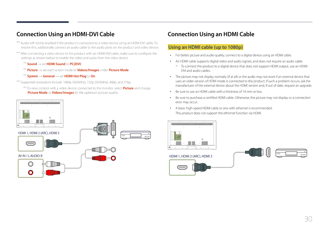 Samsung LH48RHEELGW/EN, LH55RHEELGW/EN, LH55RHEELGW/XE Using an Hdmi cable up to 1080p, ――Sound → set Hdmi Sound to Pcdvi 