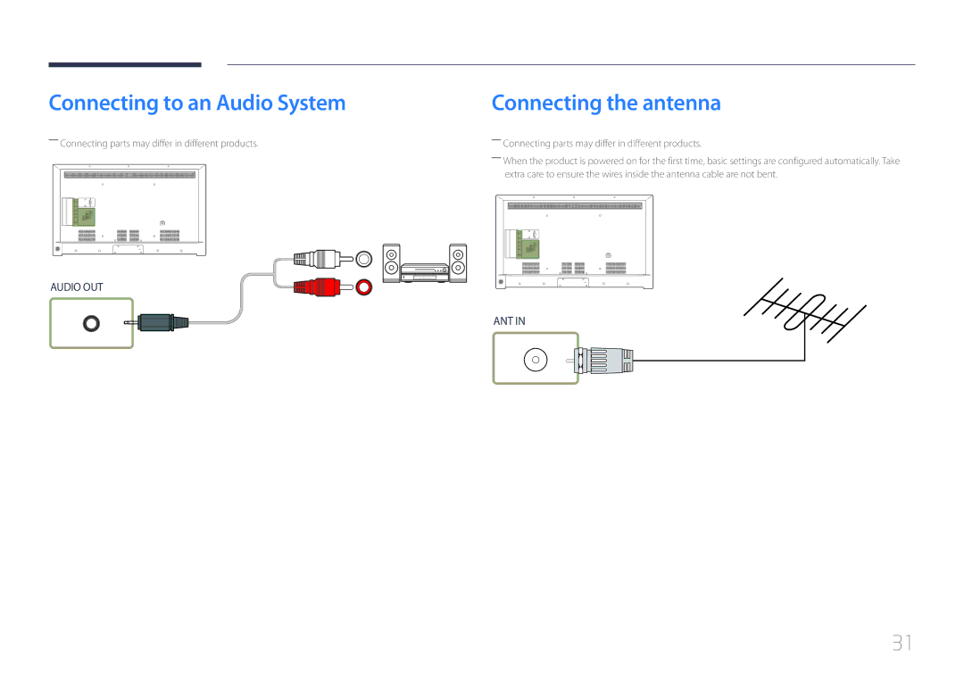 Samsung LH55RHEELGW/EN, LH48RHEELGW/EN, LH55RHEELGW/XE manual Connecting to an Audio System, Connecting the antenna 