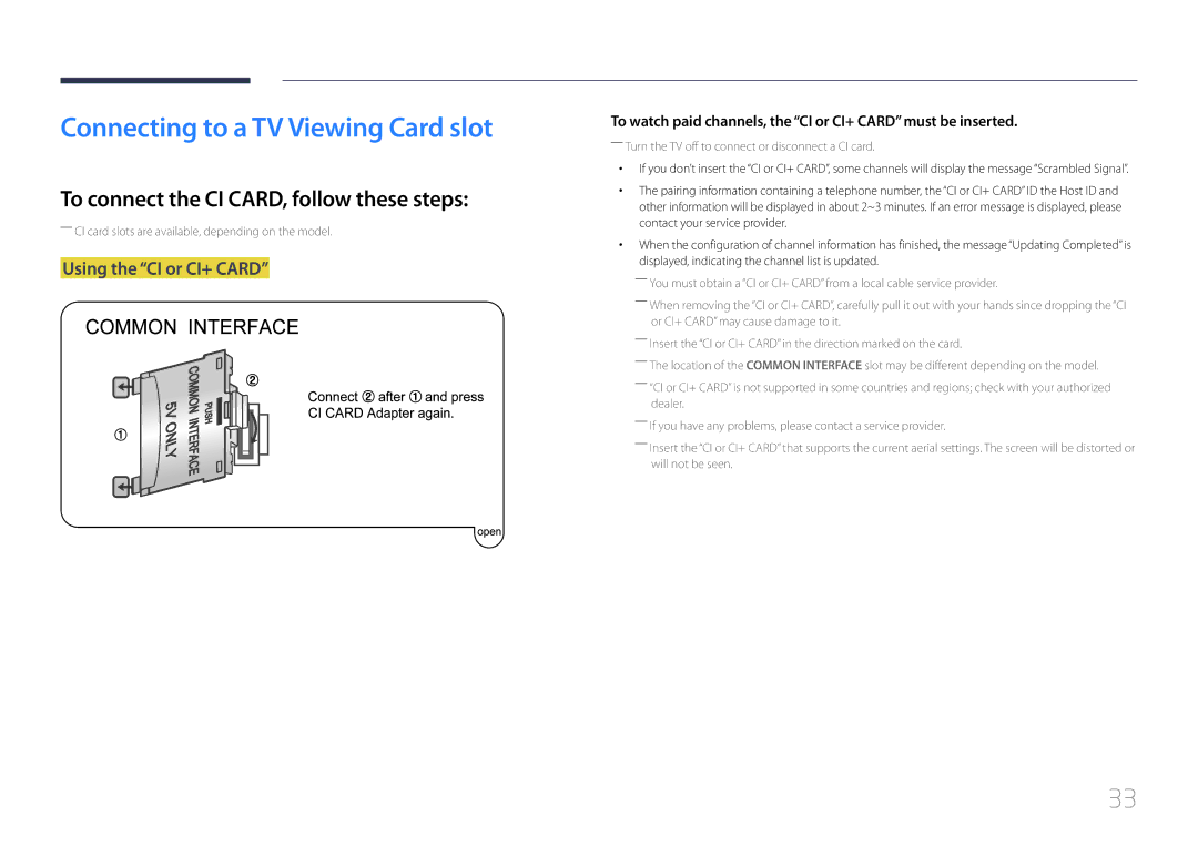 Samsung LH48RHEELGW/EN, LH55RHEELGW/EN Connecting to a TV Viewing Card slot, To connect the CI CARD, follow these steps 