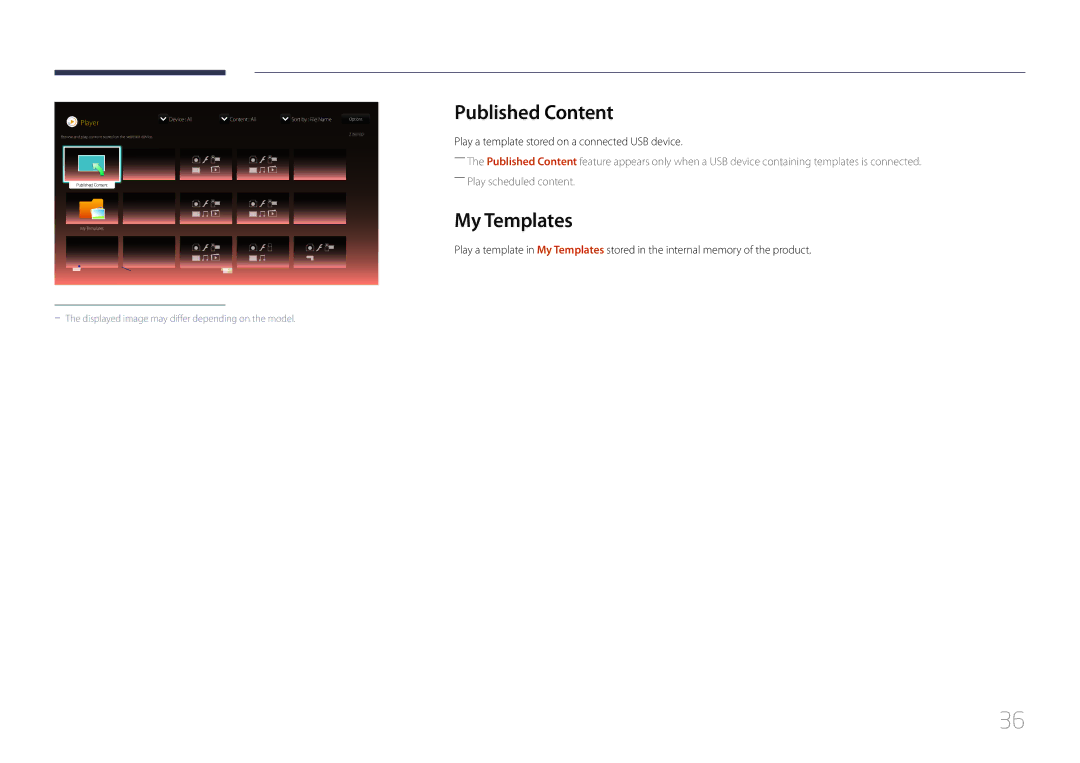 Samsung LH48RHEELGW/EN, LH55RHEELGW/EN Published Content, My Templates, Play a template stored on a connected USB device 