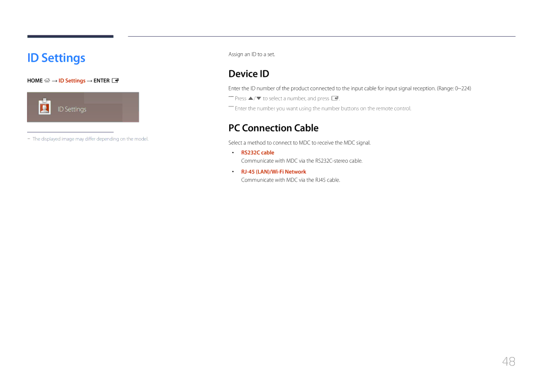 Samsung LH48RHEELGW/EN, LH55RHEELGW/EN manual Device ID, PC Connection Cable, Home → ID Settings → Enter E, RS232C cable 