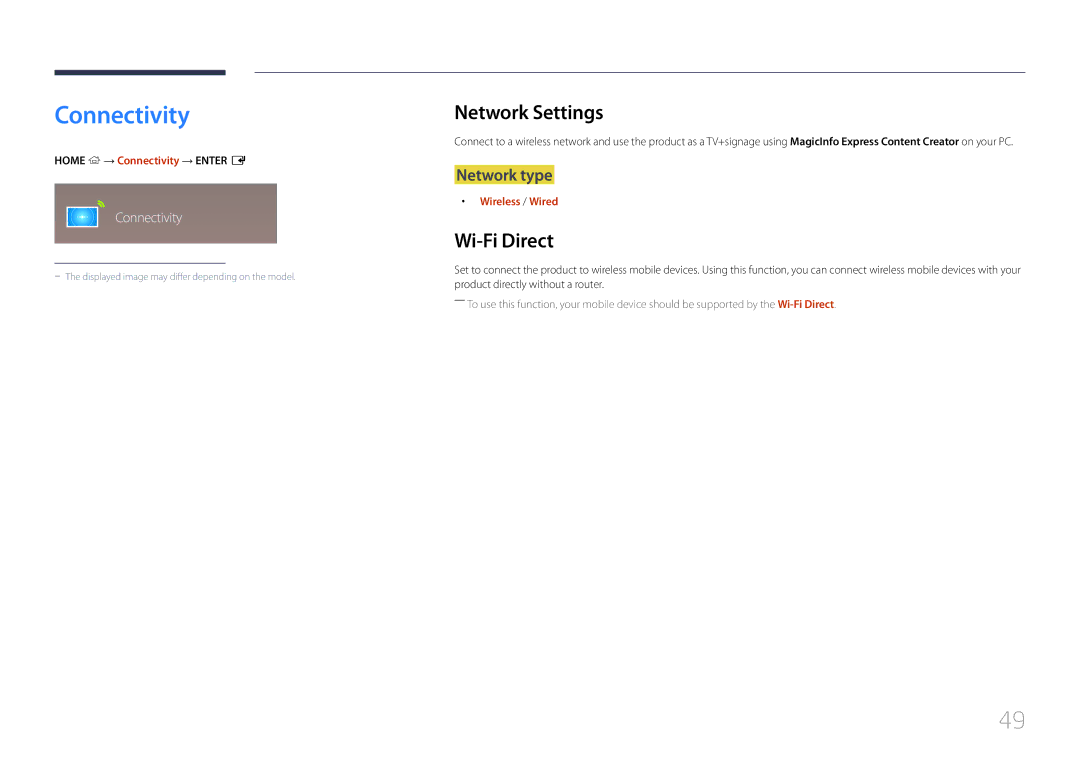 Samsung LH55RHEELGW/EN, LH48RHEELGW/EN, LH55RHEELGW/XE manual Connectivity, Network Settings, Wi-Fi Direct, Network type 