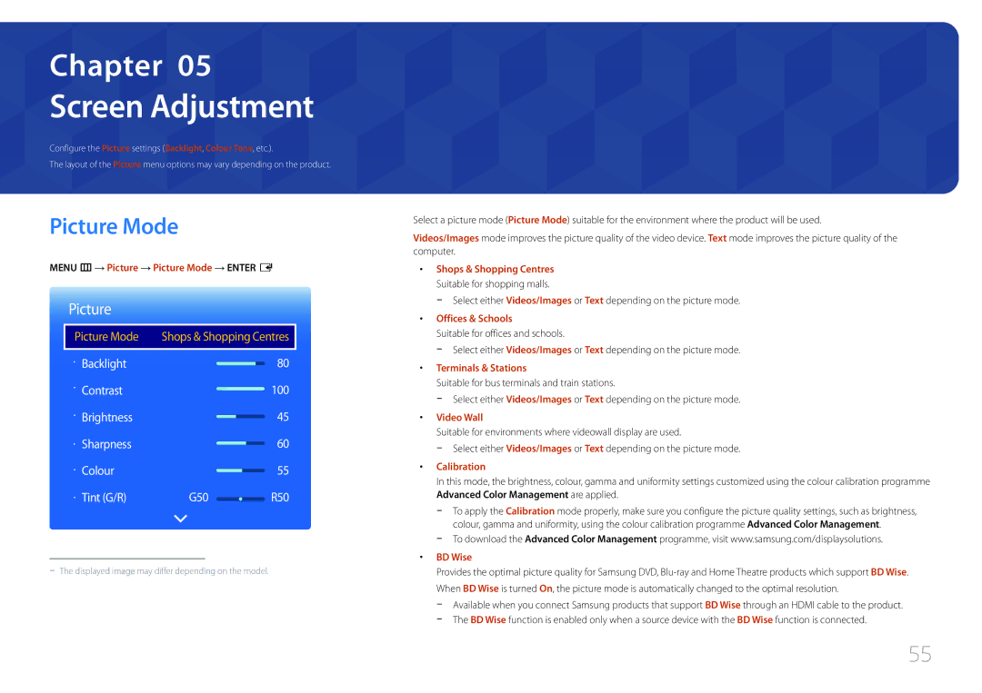 Samsung LH55RHEELGW/EN, LH48RHEELGW/EN, LH55RHEELGW/XE Screen Adjustment, Menu m → Picture → Picture Mode → Enter E 