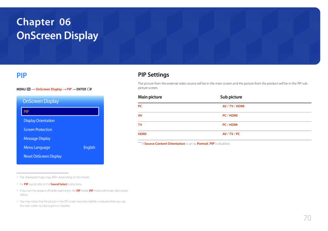 Samsung LH55RHEELGW/EN, LH48RHEELGW/EN, LH55RHEELGW/XE manual OnScreen Display, PIP Settings, Main picture Sub picture 