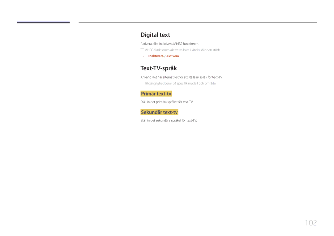 Samsung LH48RHEELGW/EN, LH55RHEELGW/EN manual 102, Digital text, Text-TV-språk, Primär text-tv, Sekundär text-tv 
