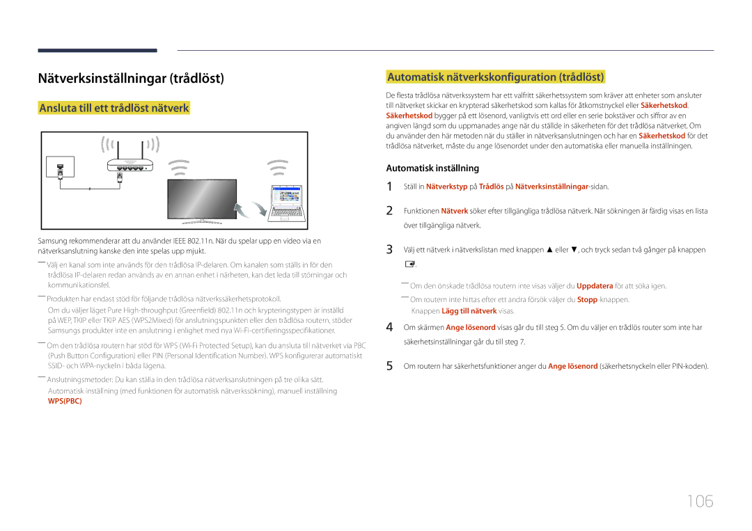 Samsung LH48RHEELGW/EN, LH55RHEELGW/EN manual 106, Nätverksinställningar trådlöst, Ansluta till ett trådlöst nätverk 