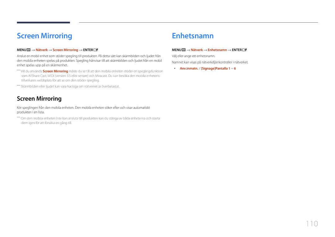 Samsung LH48RHEELGW/EN, LH55RHEELGW/EN manual Screen Mirroring, Enhetsnamn, 110 