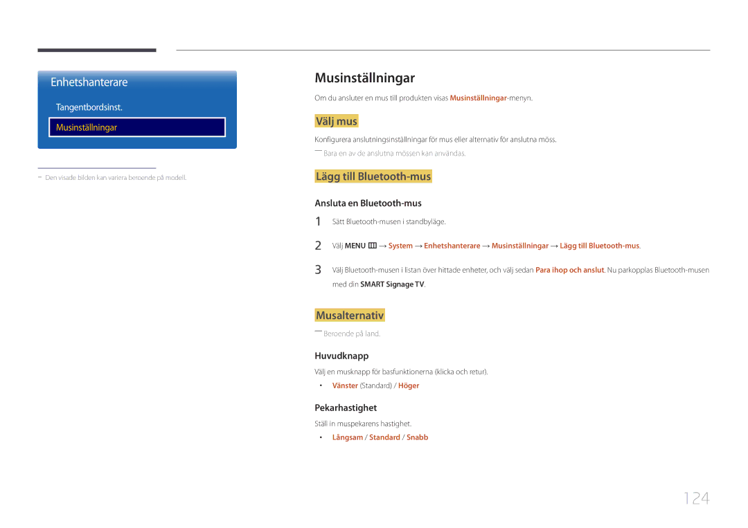 Samsung LH48RHEELGW/EN, LH55RHEELGW/EN manual 124, Musinställningar, Välj mus, Lägg till Bluetooth-mus, Musalternativ 