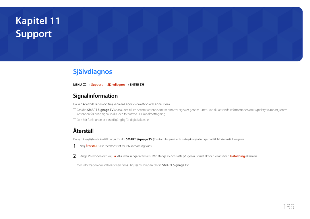 Samsung LH48RHEELGW/EN, LH55RHEELGW/EN manual Support, Självdiagnos, 136, Signalinformation, Återställ 