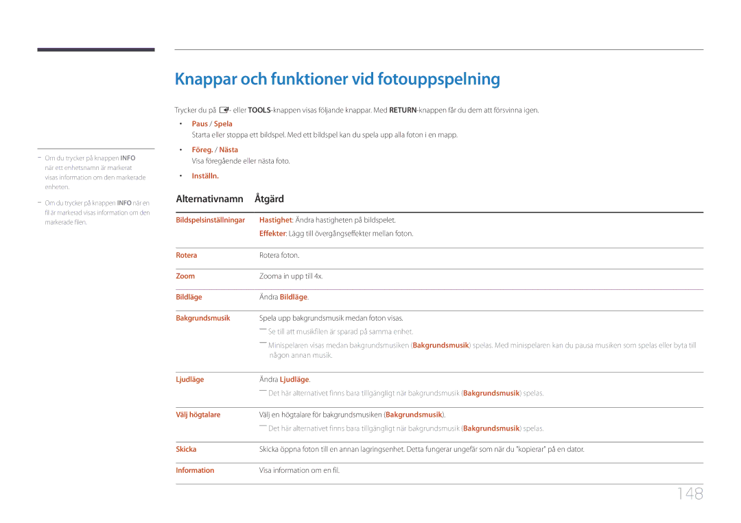 Samsung LH48RHEELGW/EN, LH55RHEELGW/EN manual Knappar och funktioner vid fotouppspelning, 148 