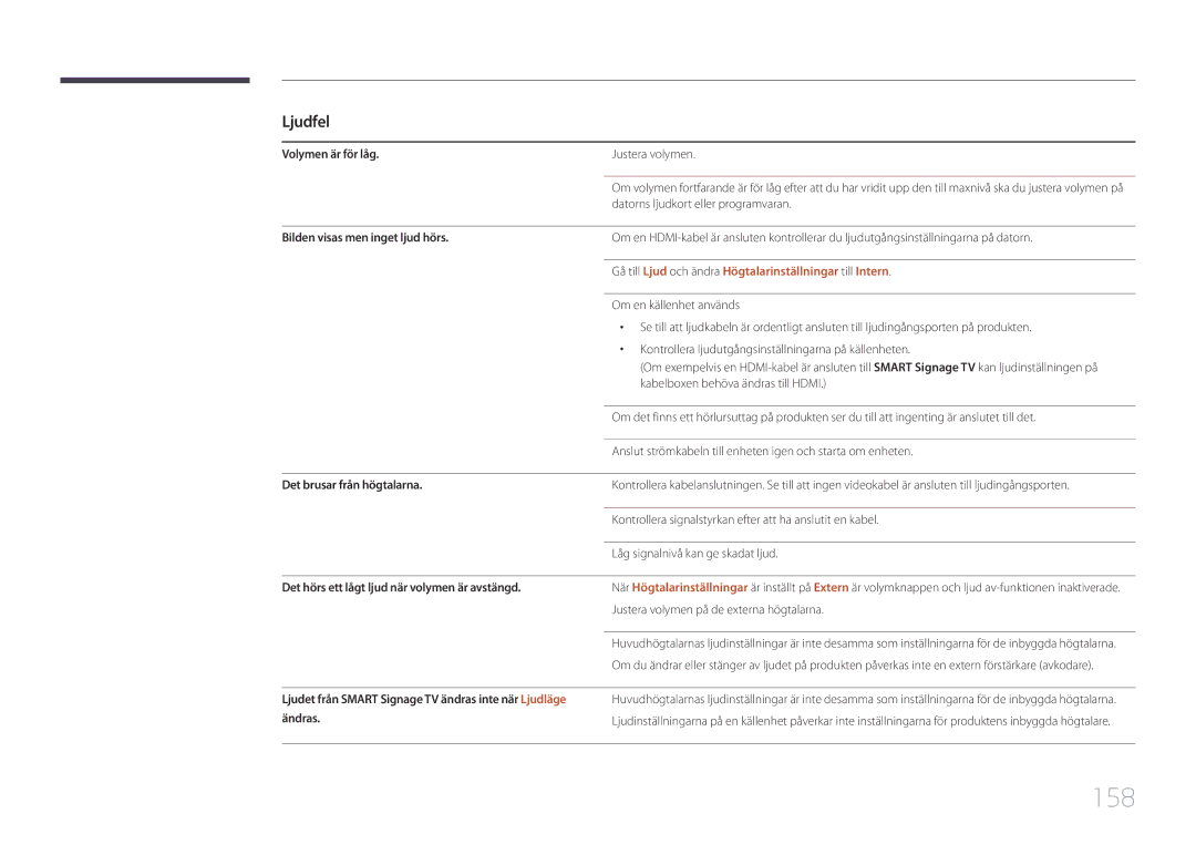 Samsung LH48RHEELGW/EN, LH55RHEELGW/EN manual 158, Gå till Ljud och ändra Högtalarinställningar till Intern 