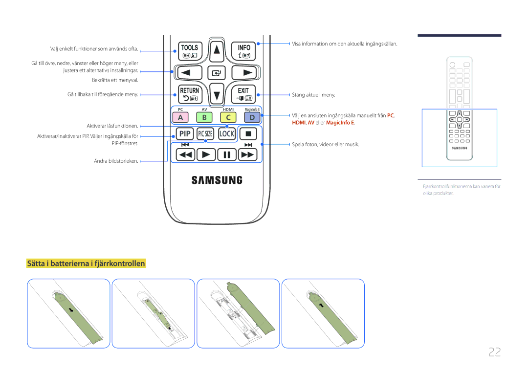 Samsung LH48RHEELGW/EN, LH55RHEELGW/EN manual Pip, Sätta i batterierna i fjärrkontrollen 