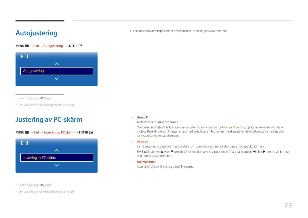 Samsung LH48RHEELGW/EN, LH55RHEELGW/EN manual Autojustering, Justering av PC-skärm 