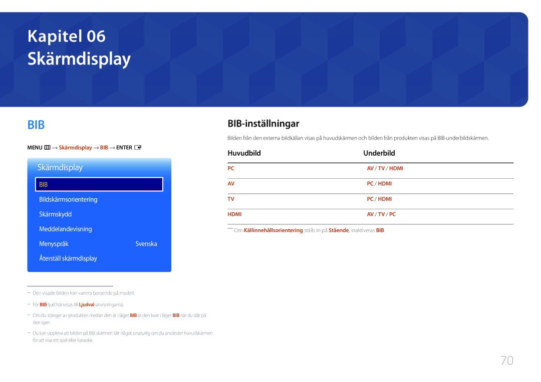 Samsung LH48RHEELGW/EN, LH55RHEELGW/EN manual Skärmdisplay, BIB-inställningar, Huvudbild Underbild 