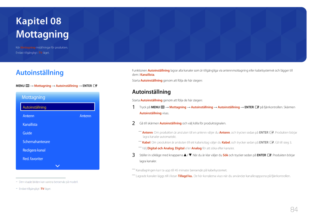 Samsung LH48RHEELGW/EN, LH55RHEELGW/EN manual Mottagning, Autoinställning 