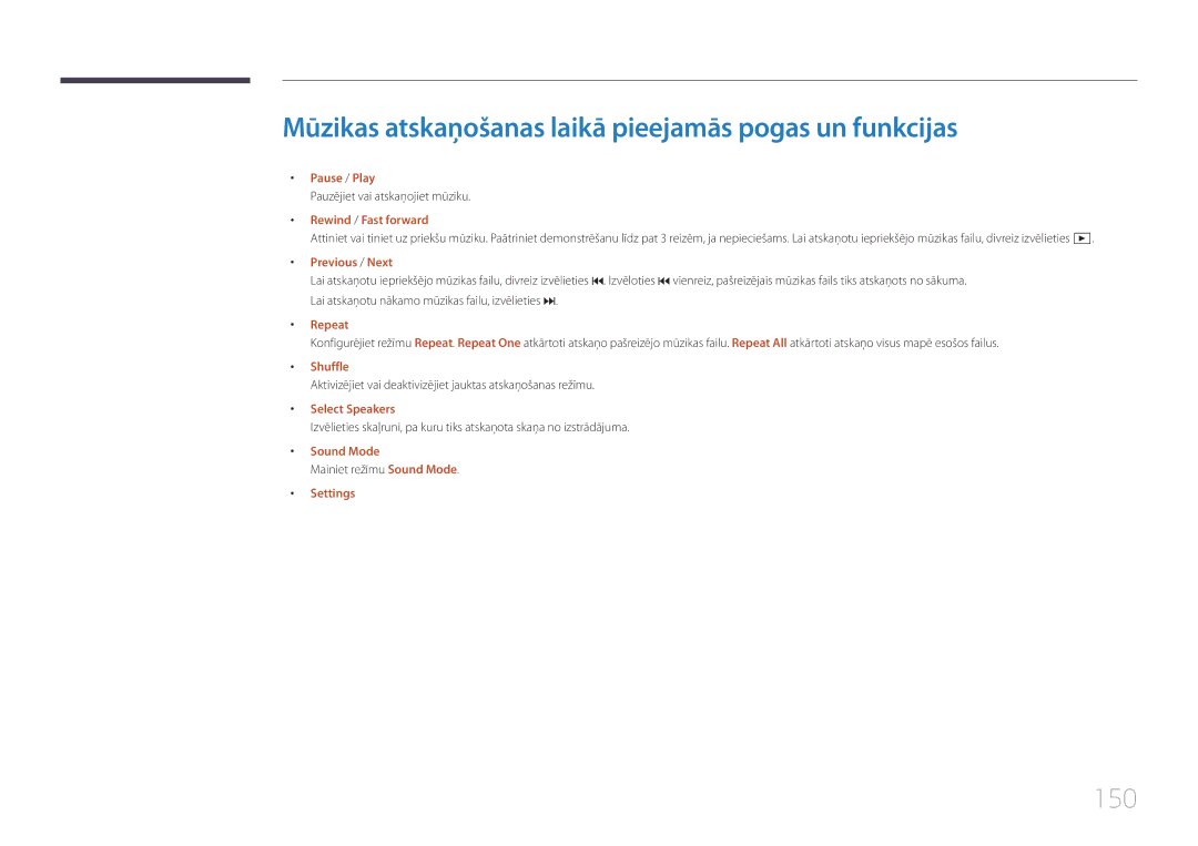 Samsung LH48RHEELGW/EN, LH55RHEELGW/EN manual Mūzikas atskaņošanas laikā pieejamās pogas un funkcijas, 150, Shuffle 