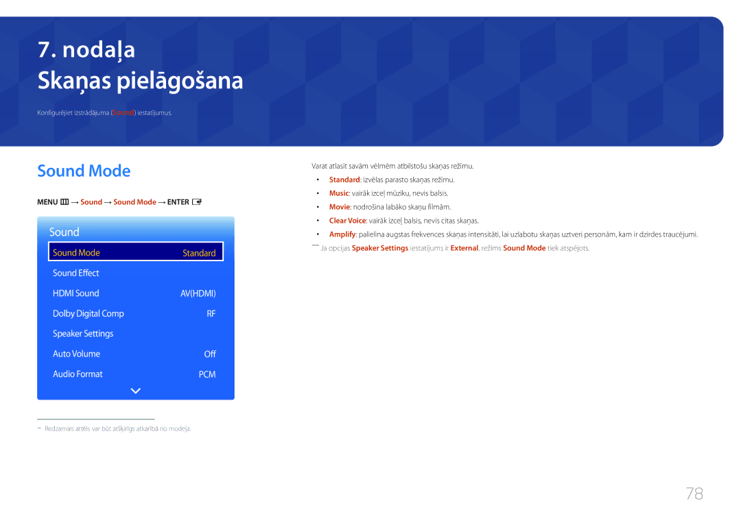 Samsung LH48RHEELGW/EN, LH55RHEELGW/EN Skaņas pielāgošana, Sound Mode Standard, Menu m → Sound → Sound Mode → Enter E 