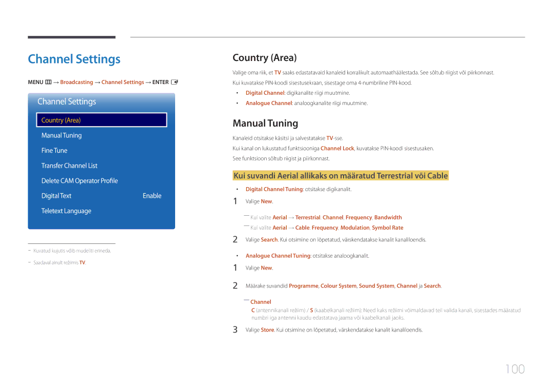 Samsung LH48RHEELGW/EN, LH55RHEELGW/EN manual Channel Settings, 100, Country Area, Manual Tuning 