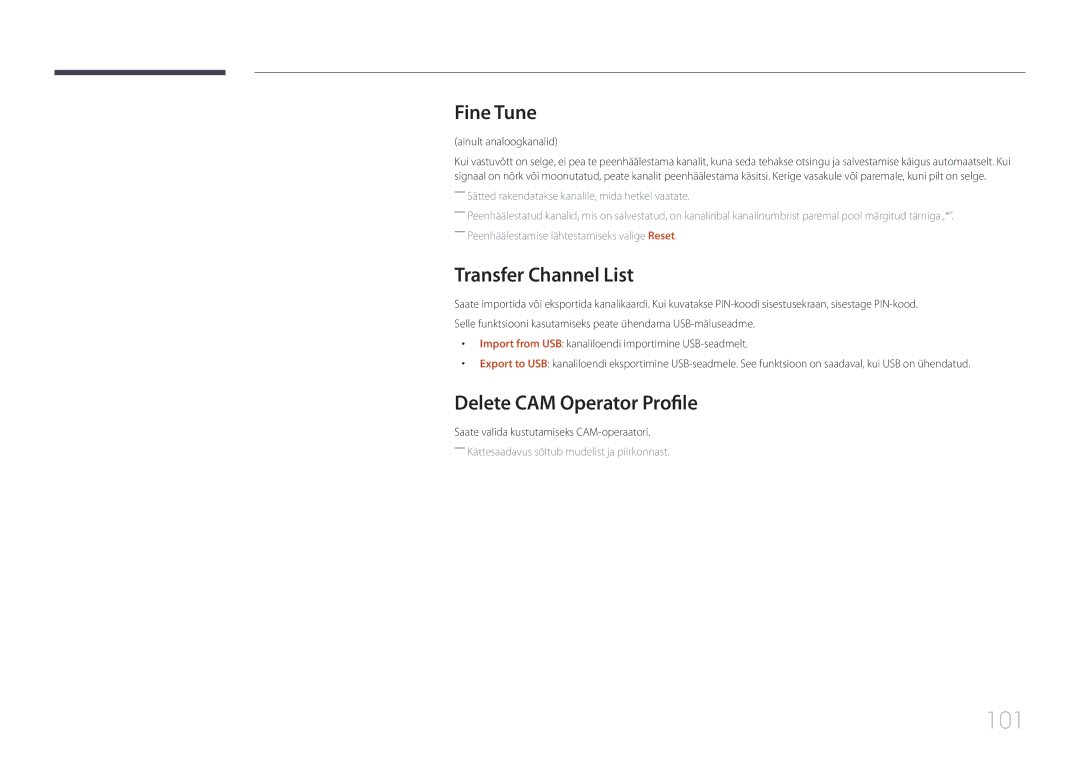 Samsung LH55RHEELGW/EN manual 101, Fine Tune, Transfer Channel List, Delete CAM Operator Profile, Ainult analoogkanalid 