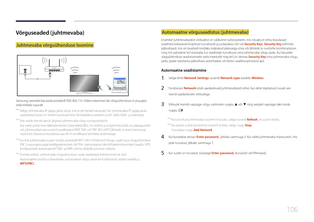 Samsung LH48RHEELGW/EN 106, Võrguseaded juhtmevaba, Juhtmevaba võrguühenduse loomine, Automaatne võrguseadistus juhtmevaba 