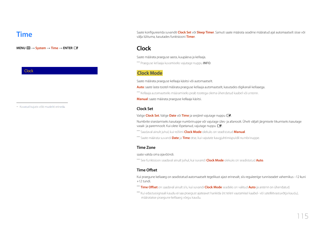 Samsung LH55RHEELGW/EN, LH48RHEELGW/EN manual Time, 115, Clock Mode 