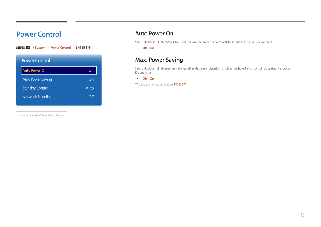 Samsung LH48RHEELGW/EN, LH55RHEELGW/EN manual Power Control, 118, Auto Power On, Max. Power Saving 