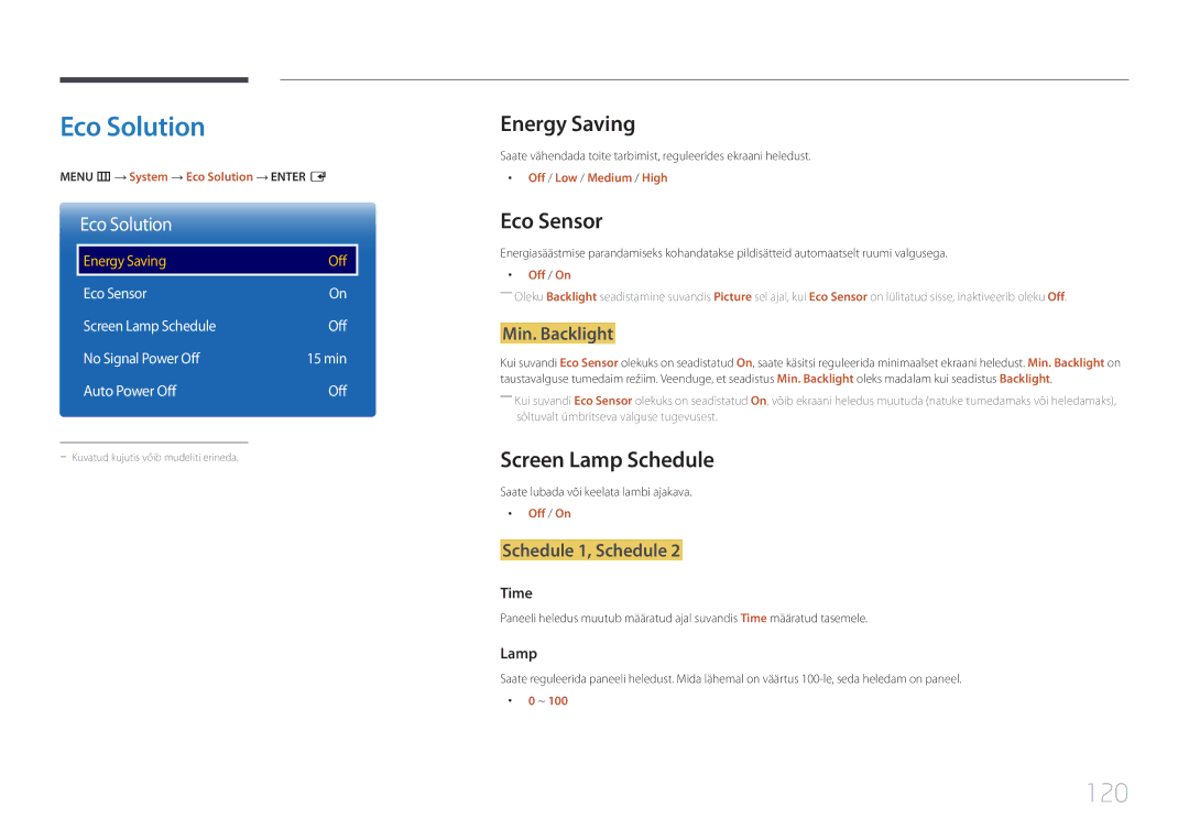 Samsung LH48RHEELGW/EN, LH55RHEELGW/EN manual Eco Solution, 120, Energy Saving, Eco Sensor, Screen Lamp Schedule 