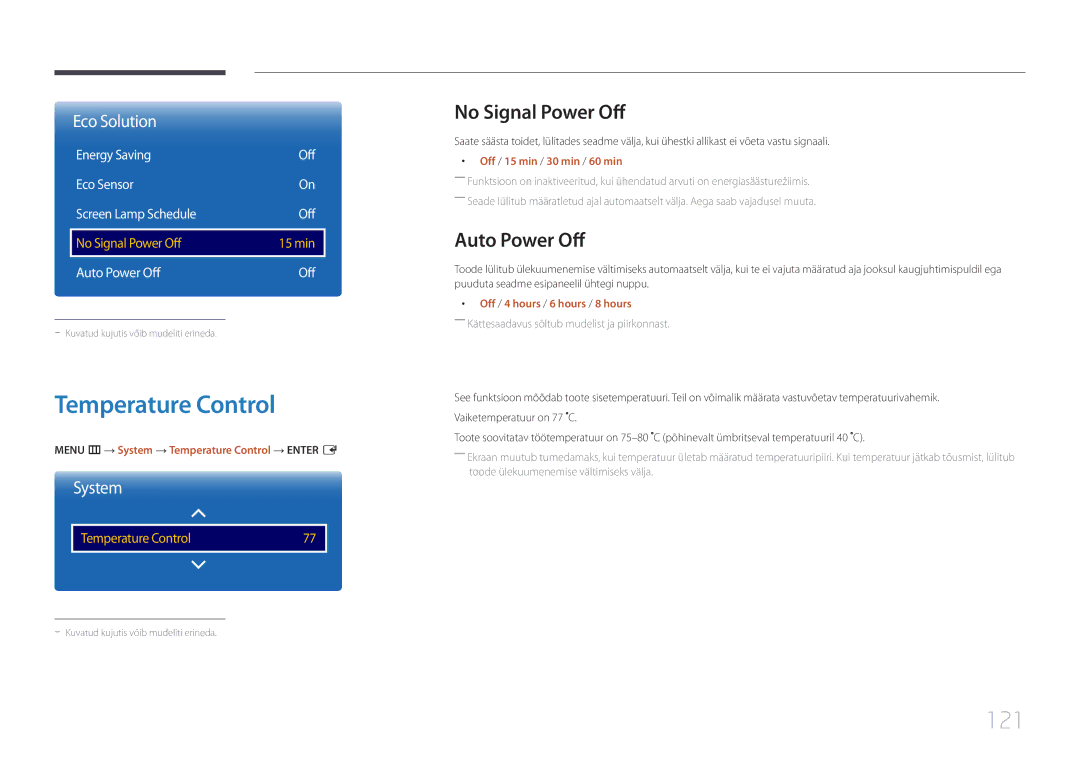 Samsung LH55RHEELGW/EN, LH48RHEELGW/EN manual Temperature Control, 121, No Signal Power Off, Auto Power Off 