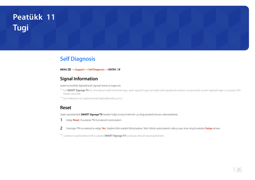 Samsung LH48RHEELGW/EN, LH55RHEELGW/EN manual Tugi, Self Diagnosis, 136, Signal Information, Reset 