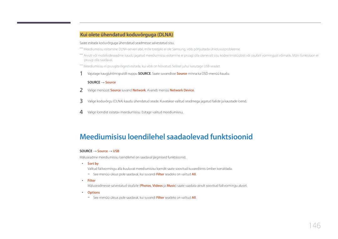 Samsung LH48RHEELGW/EN manual Meediumisisu loendilehel saadaolevad funktsioonid, 146, Kui olete ühendatud koduvõrguga Dlna 