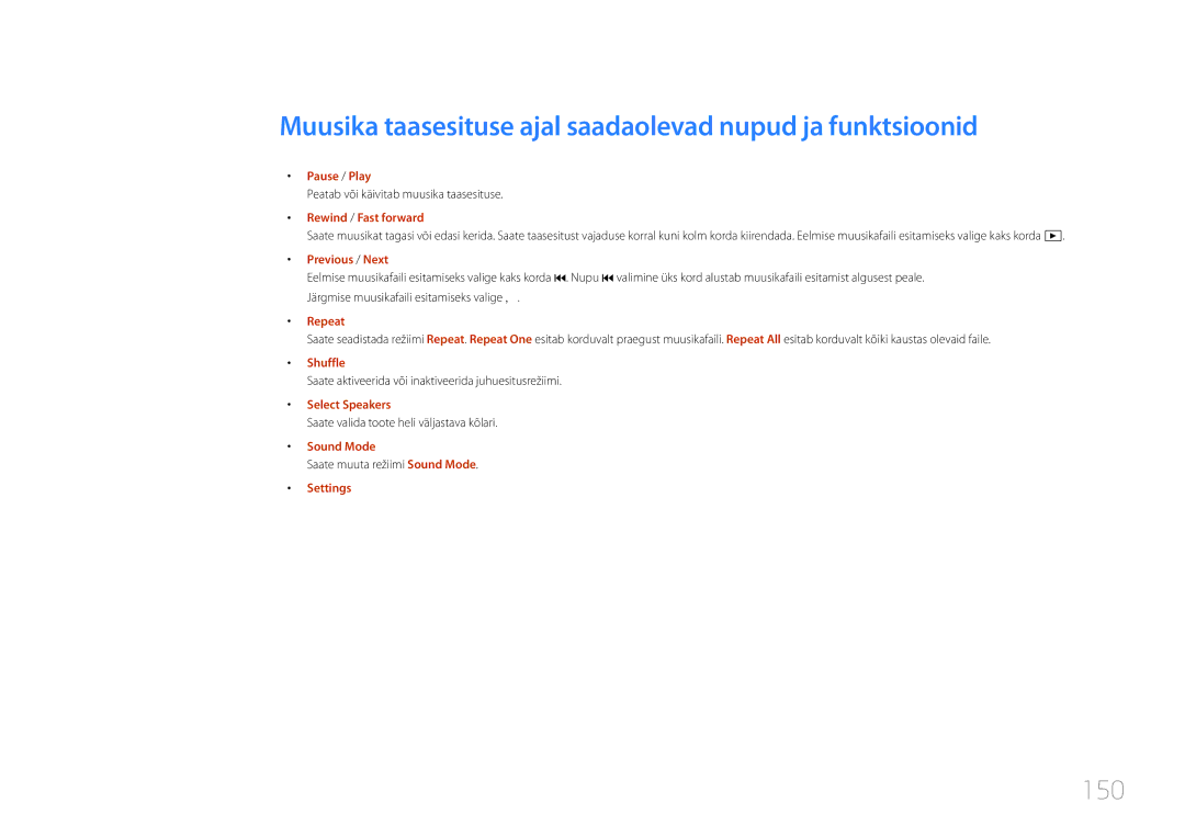 Samsung LH48RHEELGW/EN, LH55RHEELGW/EN manual Muusika taasesituse ajal saadaolevad nupud ja funktsioonid, 150, Shuffle 