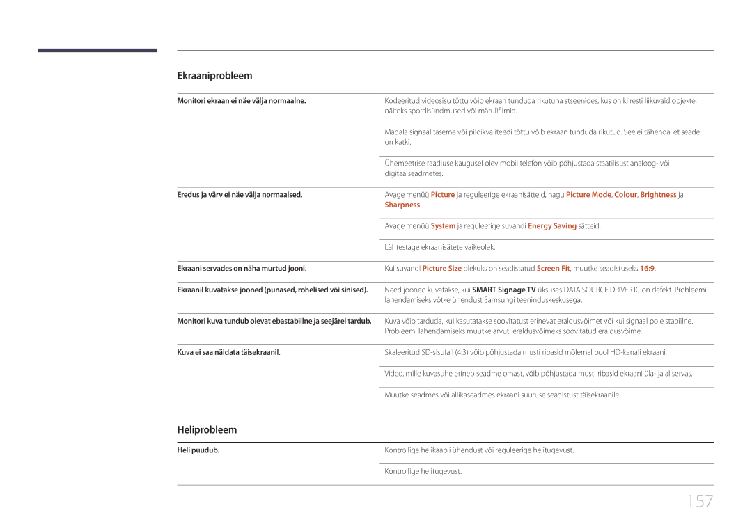 Samsung LH55RHEELGW/EN, LH48RHEELGW/EN manual 157, Heliprobleem, Sharpness 