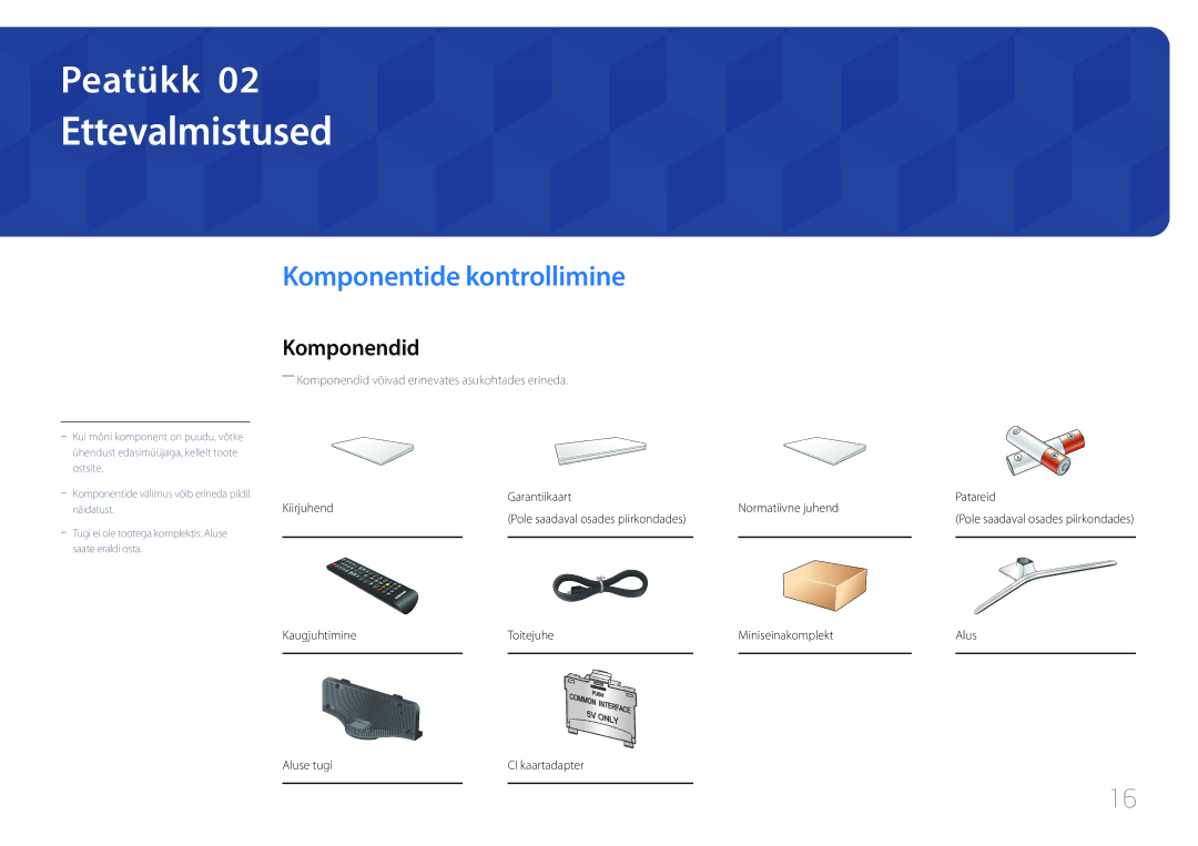 Samsung LH48RHEELGW/EN, LH55RHEELGW/EN manual Ettevalmistused, Komponentide kontrollimine, Komponendid 