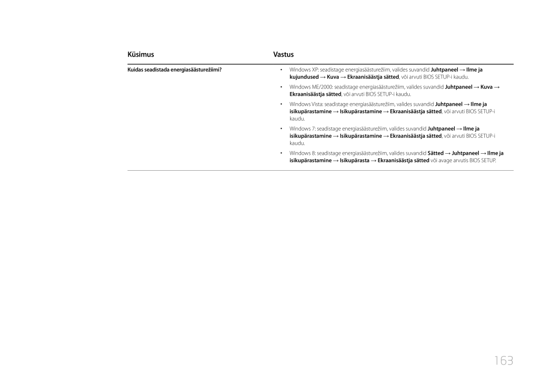 Samsung LH55RHEELGW/EN 163, Kuidas seadistada energiasäästurežiimi?, Ekraanisäästja sätted, või arvuti Bios SETUP-i kaudu 